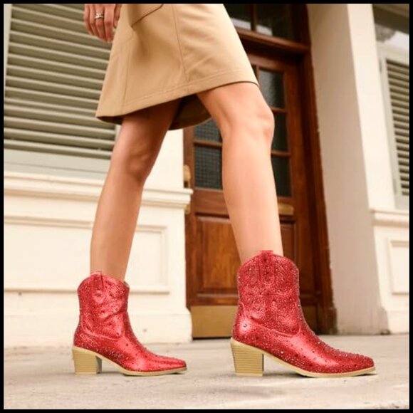 Rhinestone Cowgirl Ankle Boots Block Heel Pointed Toe Slip On Western - Picture 3 of 6